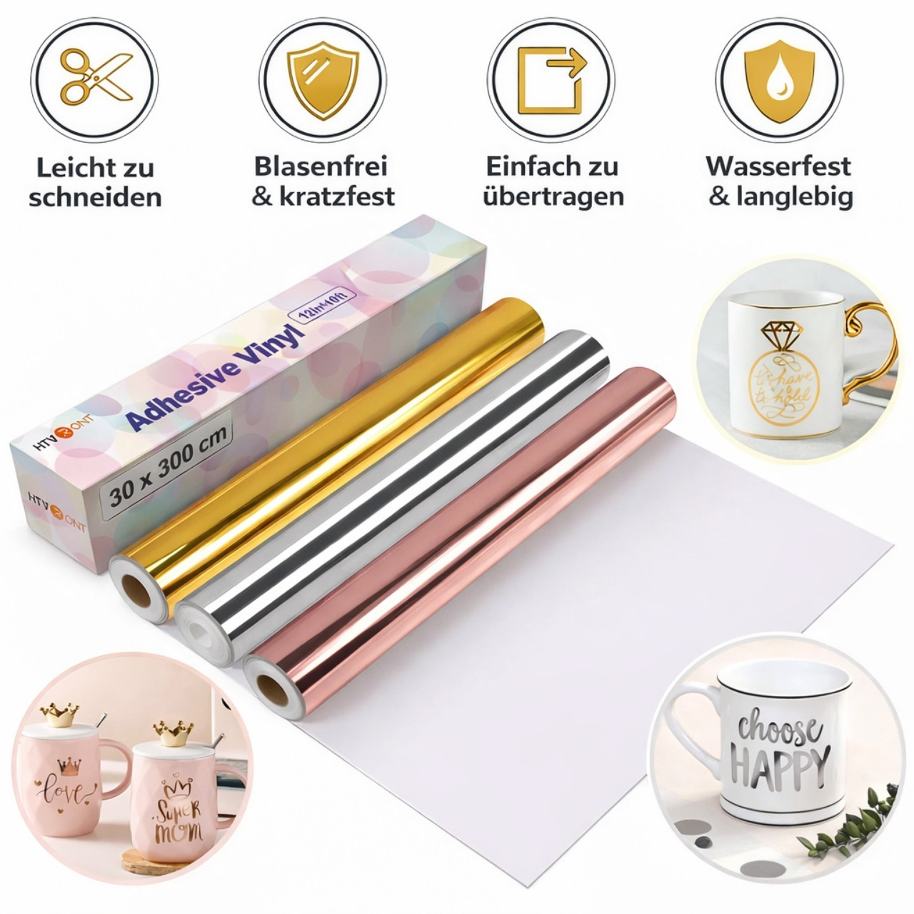 Cricut-kompatibel Plotter Folien Metallic Vinyl 30 x 300 cm – Permanente Klebefolie Rose Gold Spiegeloptik Rolle – Bild 2