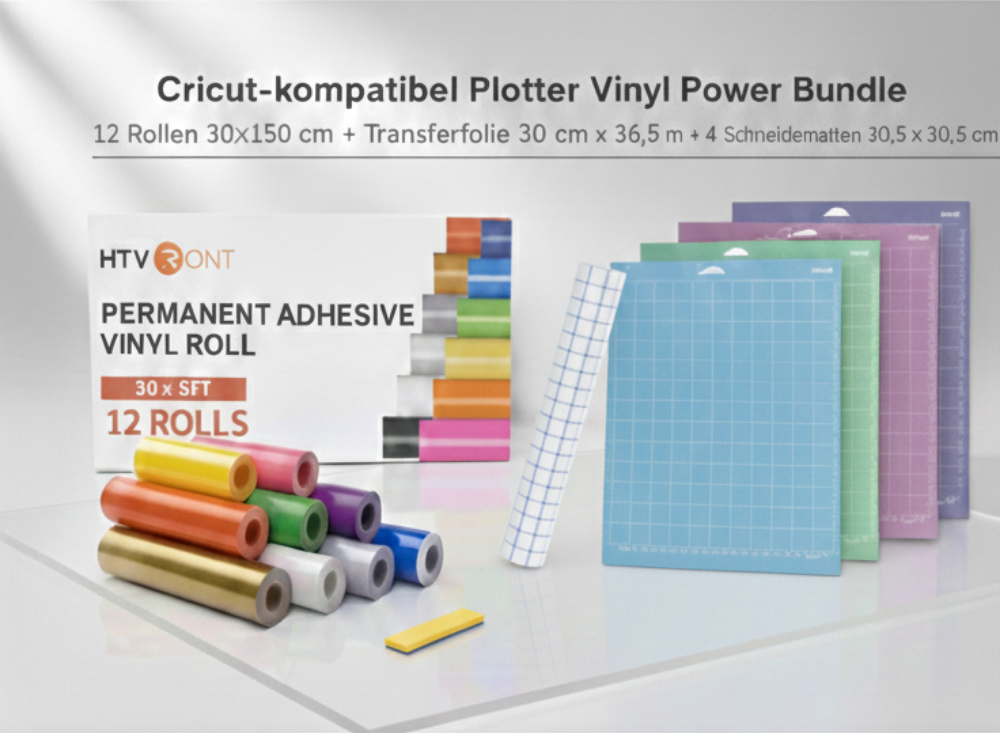 Cricut-kompatibel Plotter Folien Vinyl Power Bundle – 12 Rollen 30 x 150 cm + Transferfolie 36,5 m + 4 Schneidematten 30,5 x 30,5 cm Komplett-Set