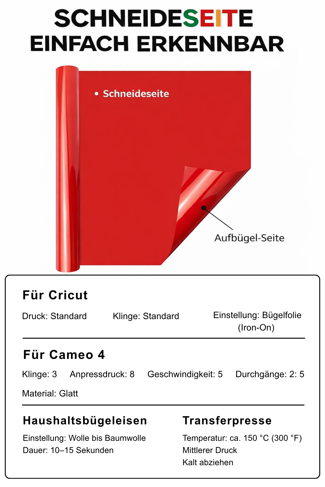 Cricut-kompatibel Plotter Folien HTV 30 x 90 cm – 8er Set Bügelvinyl Flexfolie für Textildruck – Bild 4