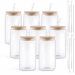 Cricut-kompatibel Sublimationsgläser 16 oz (ca. 473 ml) – 8er Set klar & satiniert mit Bambusdeckel und Zubehör