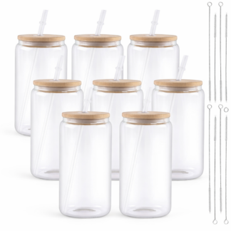 Cricut-kompatibel Sublimationsgläser 16 oz (ca. 473 ml) – 8er Set klar & satiniert mit Bambusdeckel und Zubehör