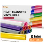 Cricut-kompatibel Plotter Folien HTV 30,5 x 152 cm – 12er Set PU Flexfolie Rollen für Textildruck