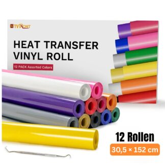 Cricut-kompatibel Plotter Folien HTV 30,5 x 152 cm – 12er Set PU Flexfolie Rollen für Textildruck